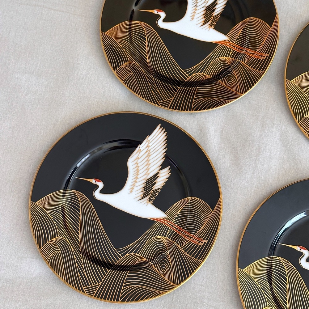 Vintage Flying Crane Salad Plates, Set of 4 - Fitz and Floyd "Night Flight"
